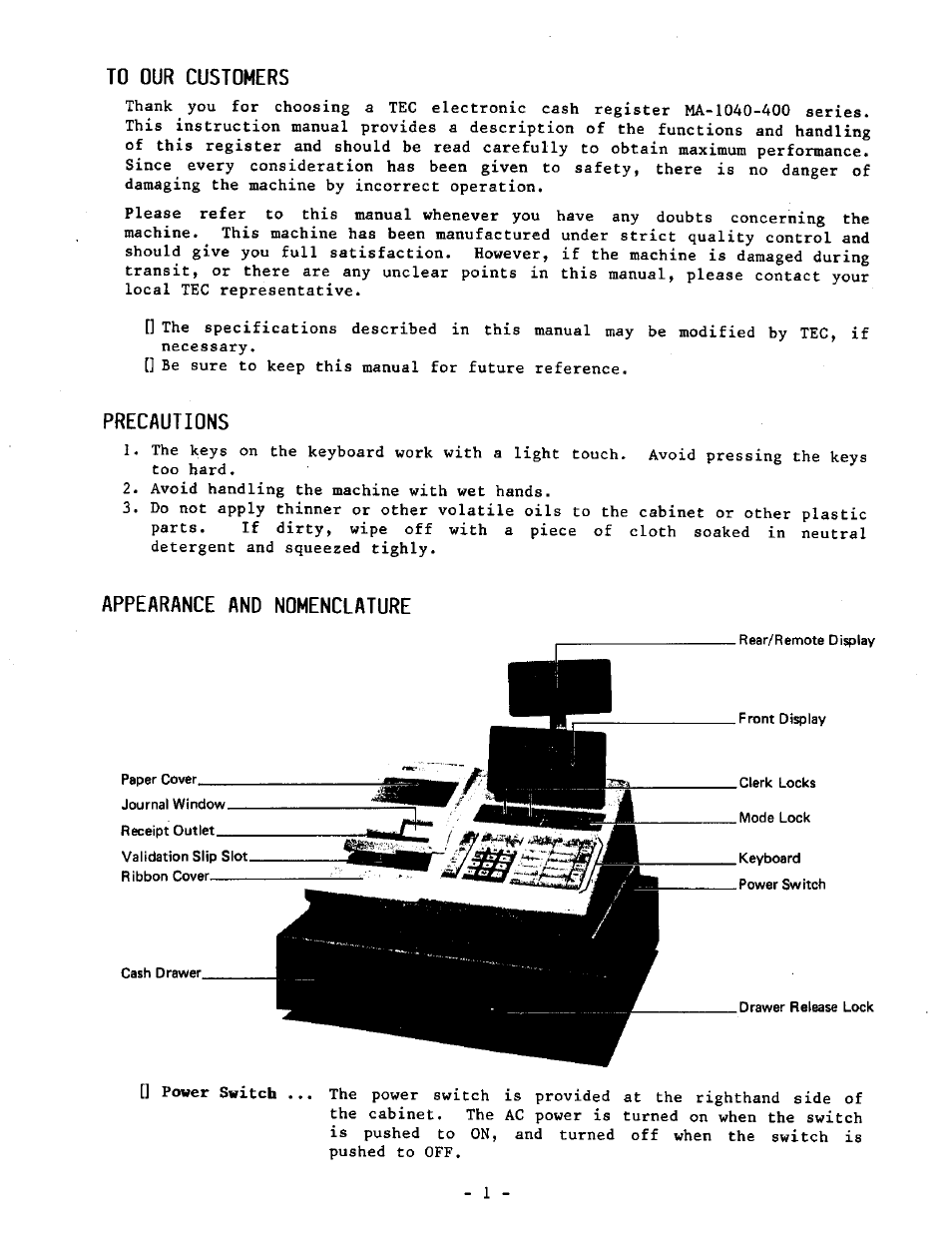 То our customers, Precautions, Appearance and nomenclature | To our customers | Toshiba TEC MA-1040-400 Series User Manual | Page 5 / 64