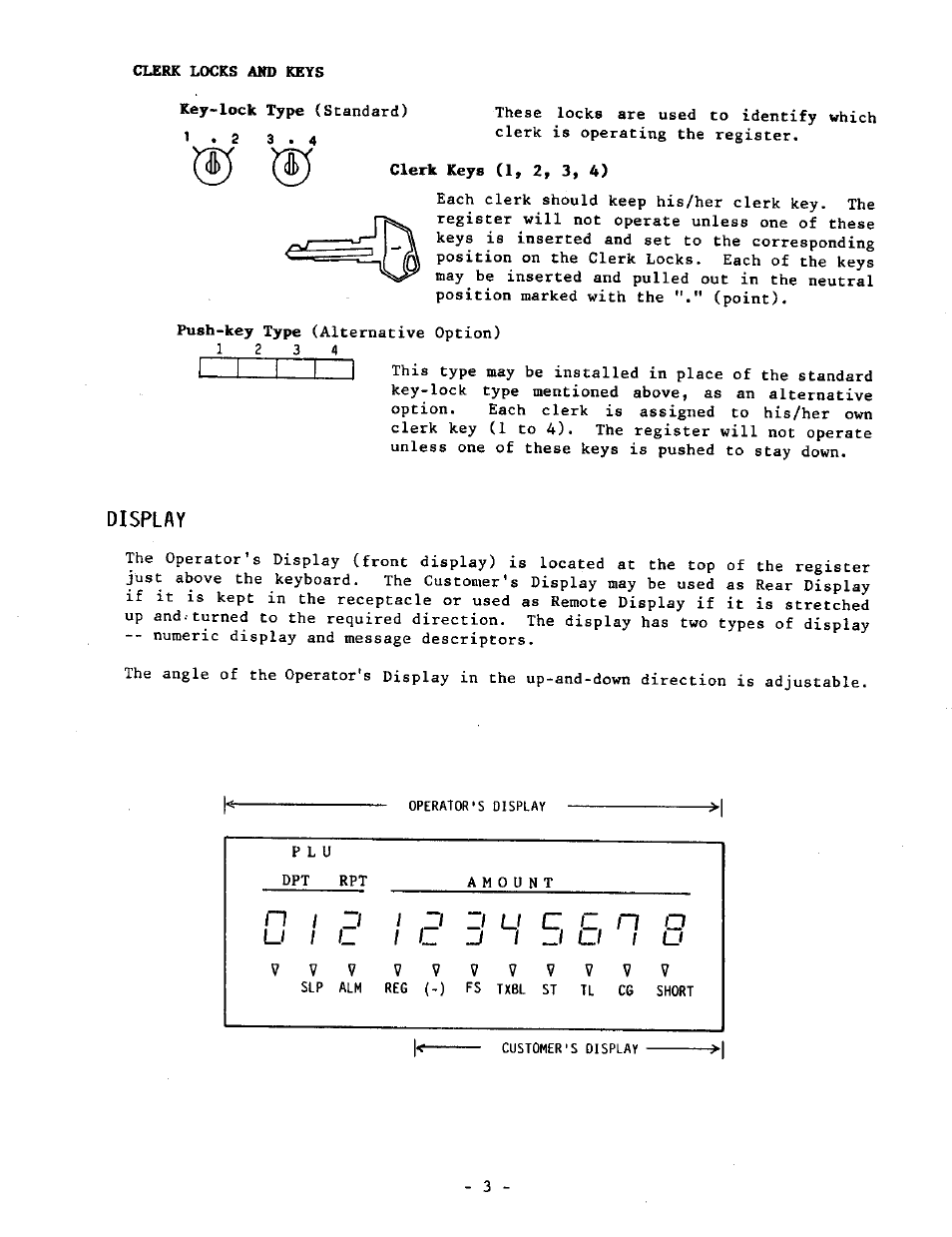 Clerk locks and keys, Display | Toshiba TEC MA-1040-400 Series User Manual | Page 7 / 64
