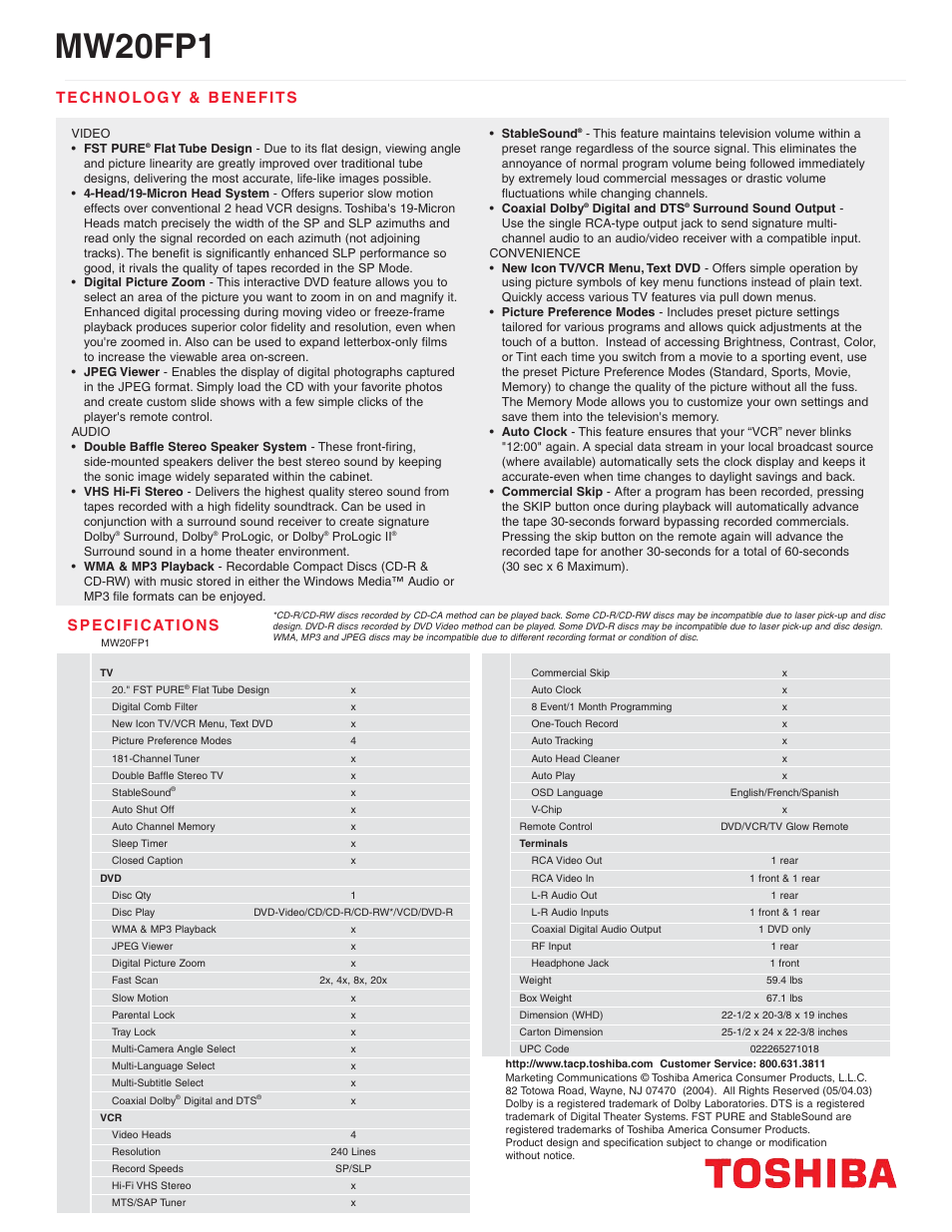 Mw20fp1 | Toshiba MW 20FP1 User Manual | Page 2 / 2