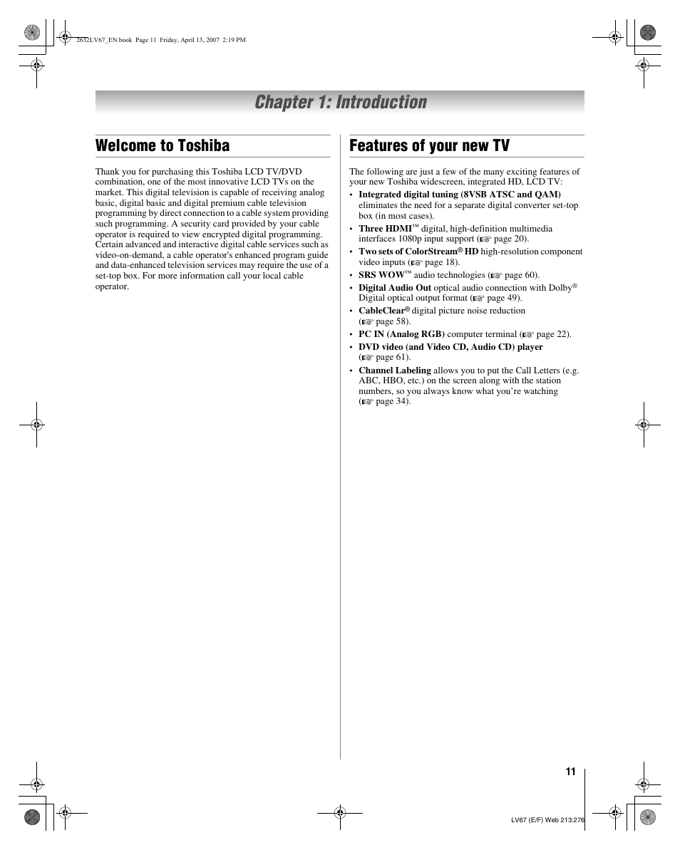 Chapter 1: introduction, Welcome to toshiba, Features of your new tv | Toshiba 26LV67 User Manual | Page 11 / 78