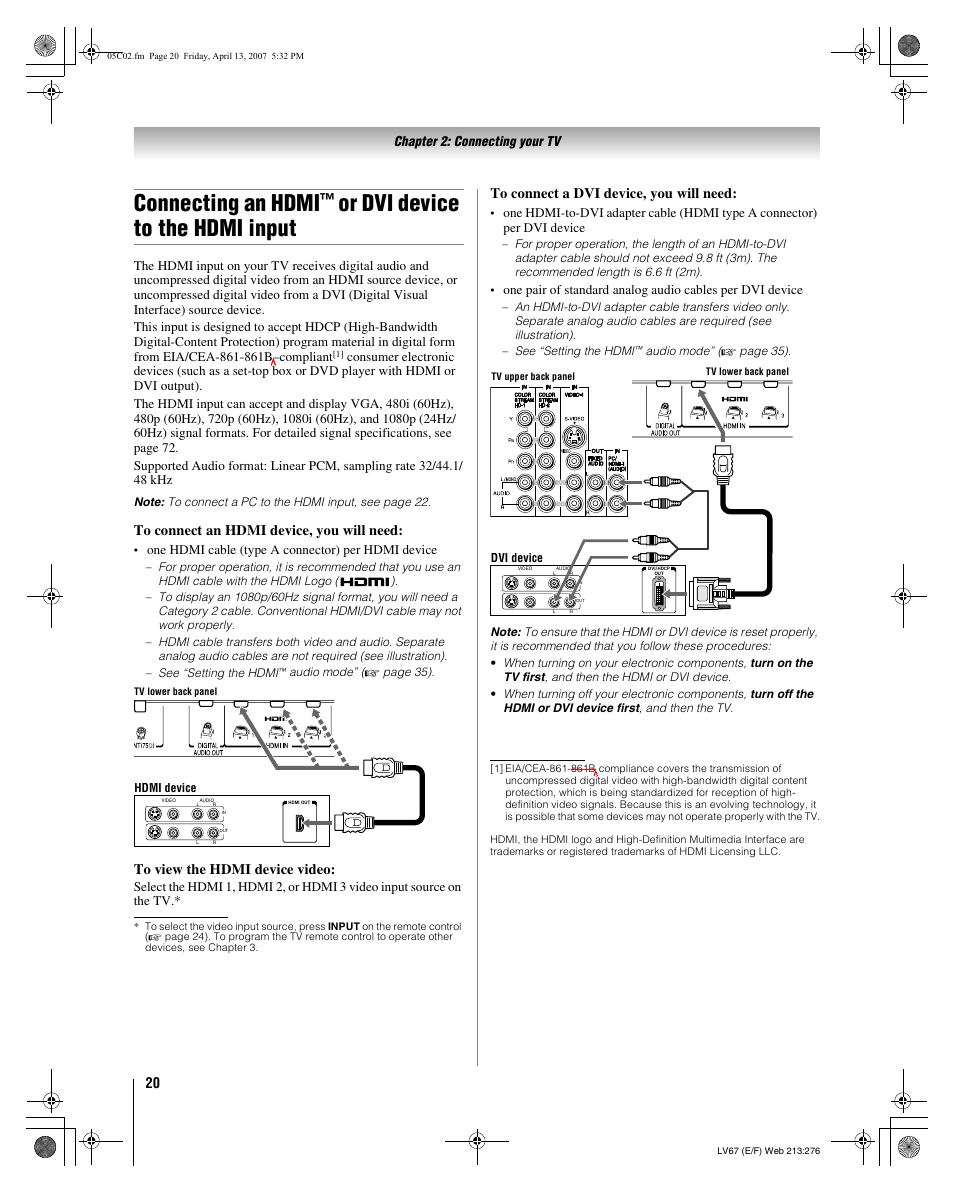 Connecting an hdmi, Or dvi device to the hdmi input | Toshiba 26LV67 User Manual | Page 20 / 78