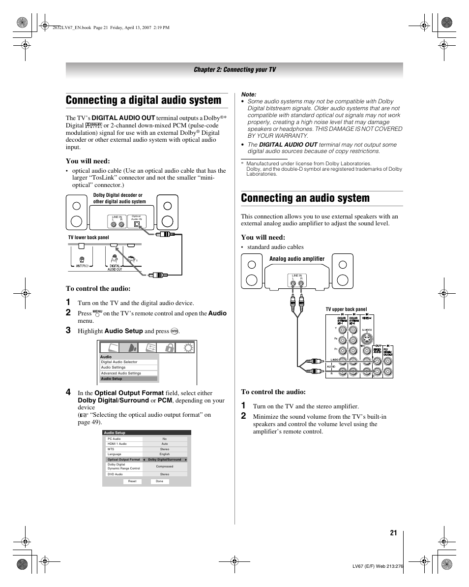 Connecting a digital audio system, Connecting an audio system, You will need | Toshiba 26LV67 User Manual | Page 21 / 78