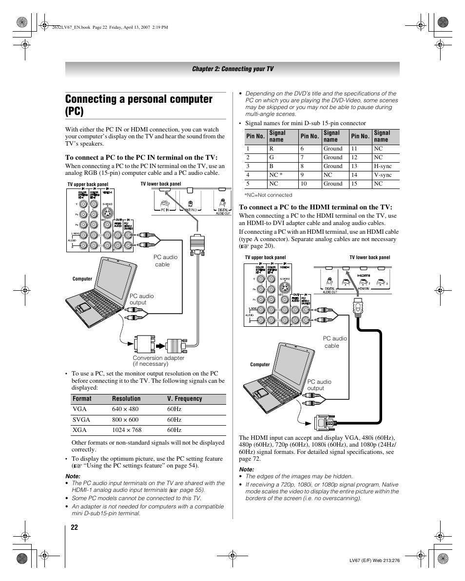 Connecting a personal computer (pc) | Toshiba 26LV67 User Manual | Page 22 / 78