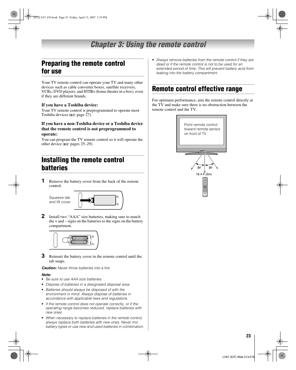 Chapter 3: using the remote control, Preparing the remote control for use, Installing the remote control batteries | Remote control effective range | Toshiba 26LV67 User Manual | Page 23 / 78