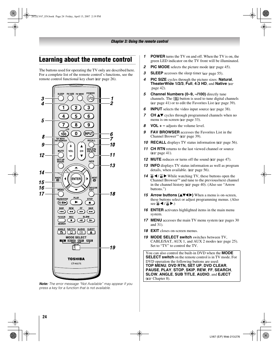 Learning about the remote control | Toshiba 26LV67 User Manual | Page 24 / 78