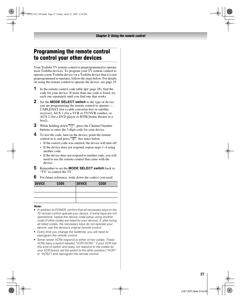 Toshiba 26LV67 User Manual | Page 27 / 78