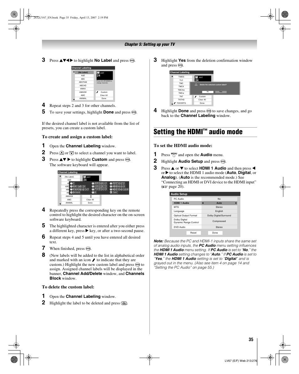 Setting the hdmi, Audio mode, Chapter 5: setting up your tv | Press bbc c to highlight no label and press t, Repeat steps 2 and 3 for other channels, Open the channel labeling window, Press < or , to select a channel you want to label, When finished, press t, Highlight the label to be deleted and press, Press y and open the audio menu | Toshiba 26LV67 User Manual | Page 35 / 78