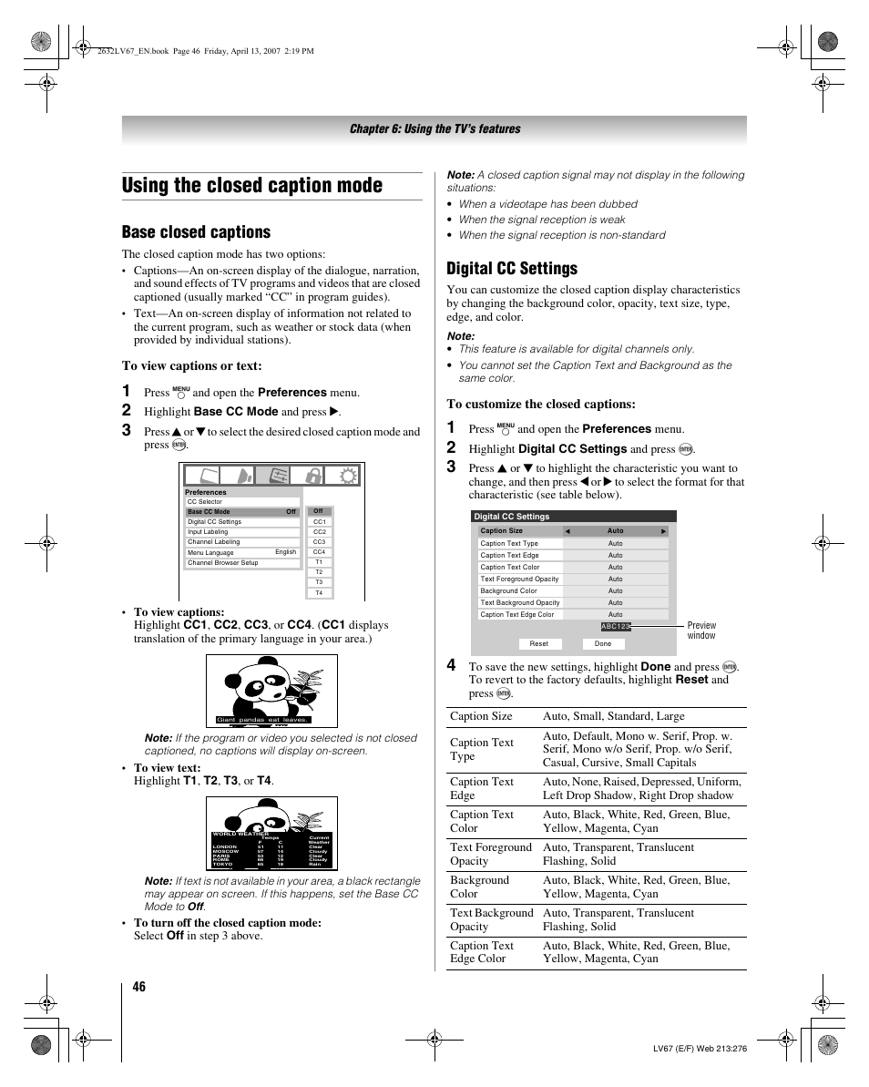 Using the closed caption mode, Base closed captions, Digital cc settings | Toshiba 26LV67 User Manual | Page 46 / 78