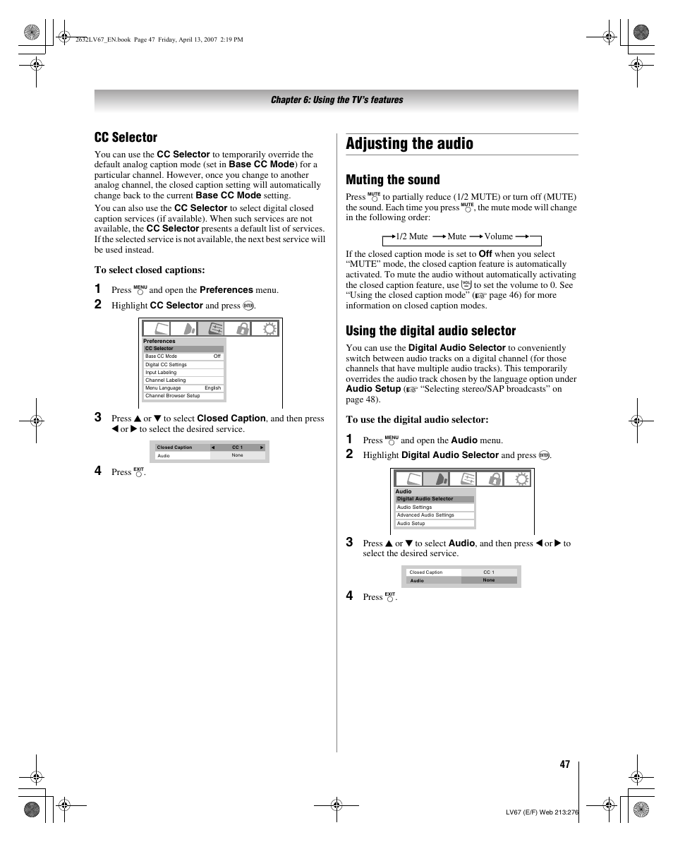 Adjusting the audio, Cc selector, Muting the sound | Using the digital audio selector | Toshiba 26LV67 User Manual | Page 47 / 78