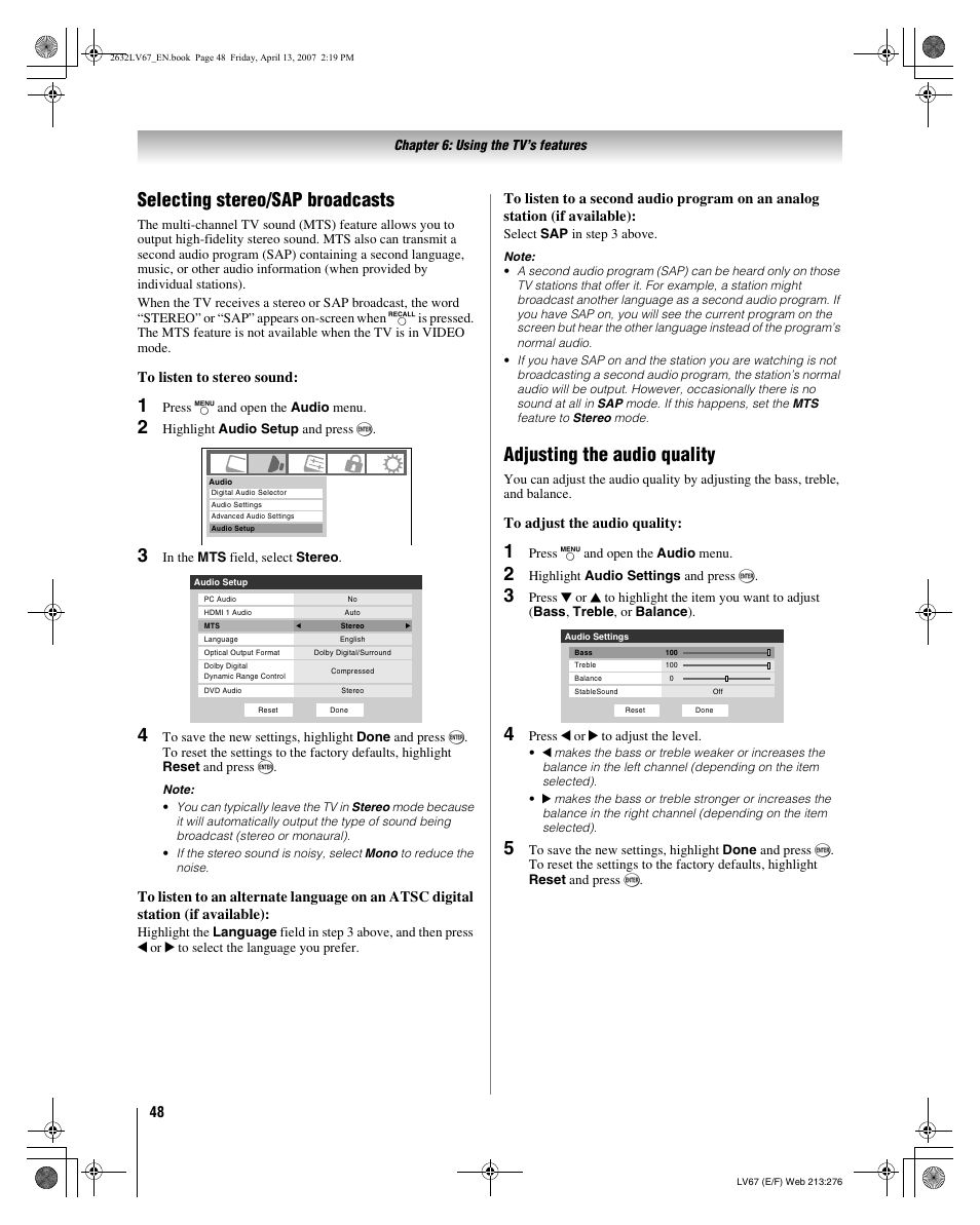 Selecting stereo/sap broadcasts, Adjusting the audio quality | Toshiba 26LV67 User Manual | Page 48 / 78