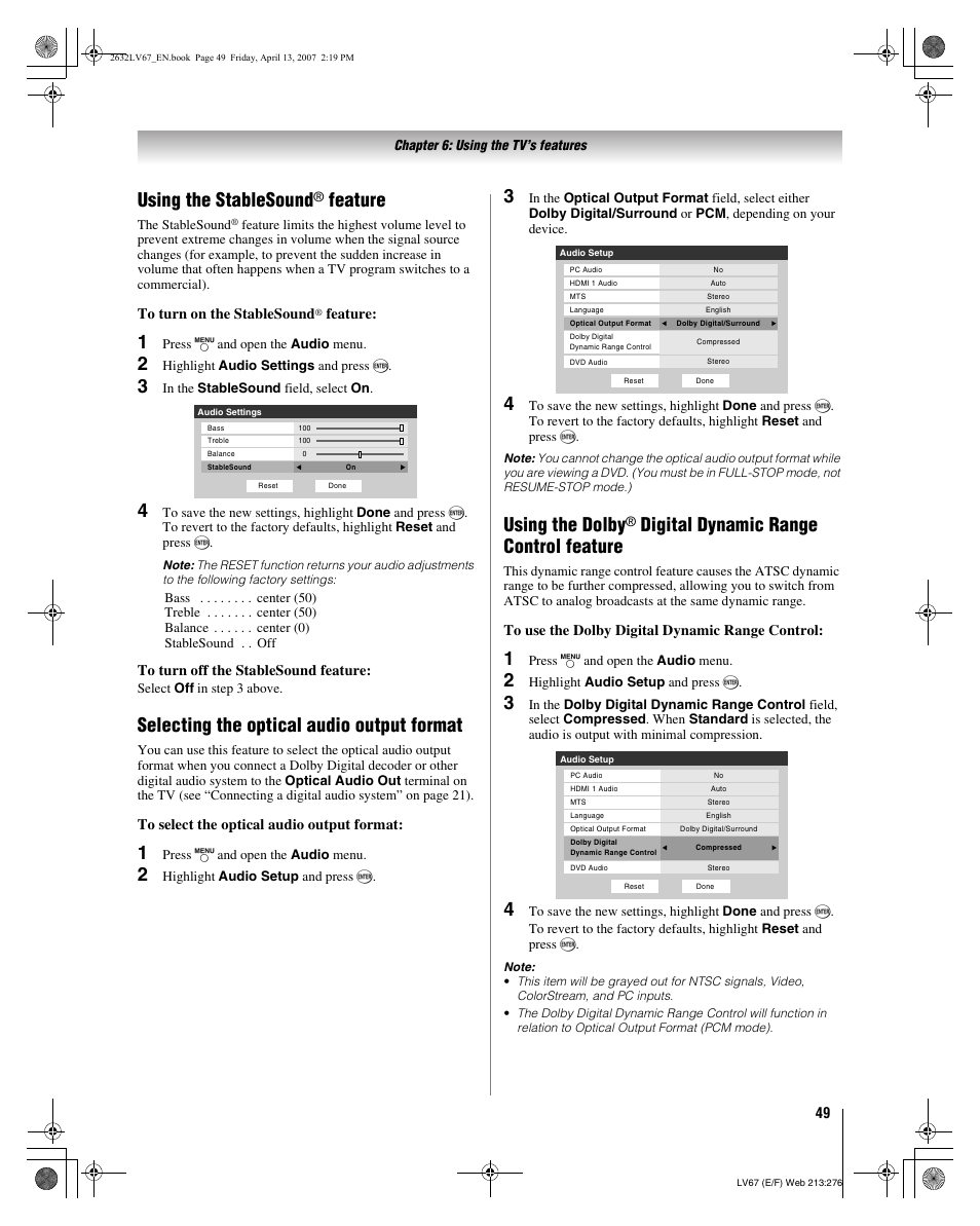 Using the stablesound, Feature, Selecting the optical audio output format | Using the dolby, Digital dynamic range control feature | Toshiba 26LV67 User Manual | Page 49 / 78