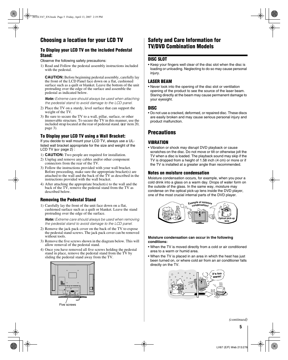 Choosing a location for your lcd tv, Precautions | Toshiba 26LV67 User Manual | Page 5 / 78
