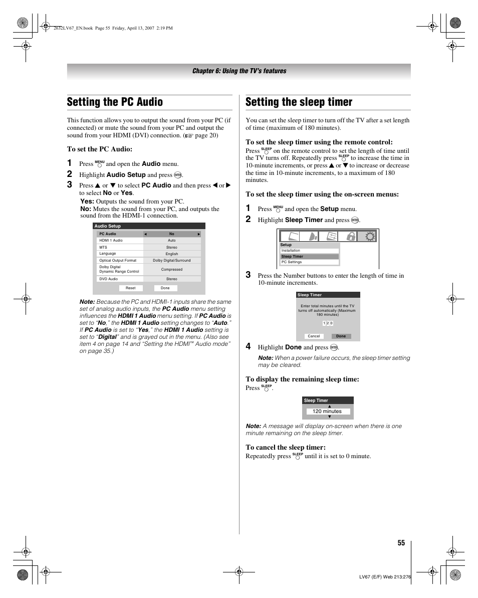 Setting the pc audio, Setting the sleep timer | Toshiba 26LV67 User Manual | Page 55 / 78