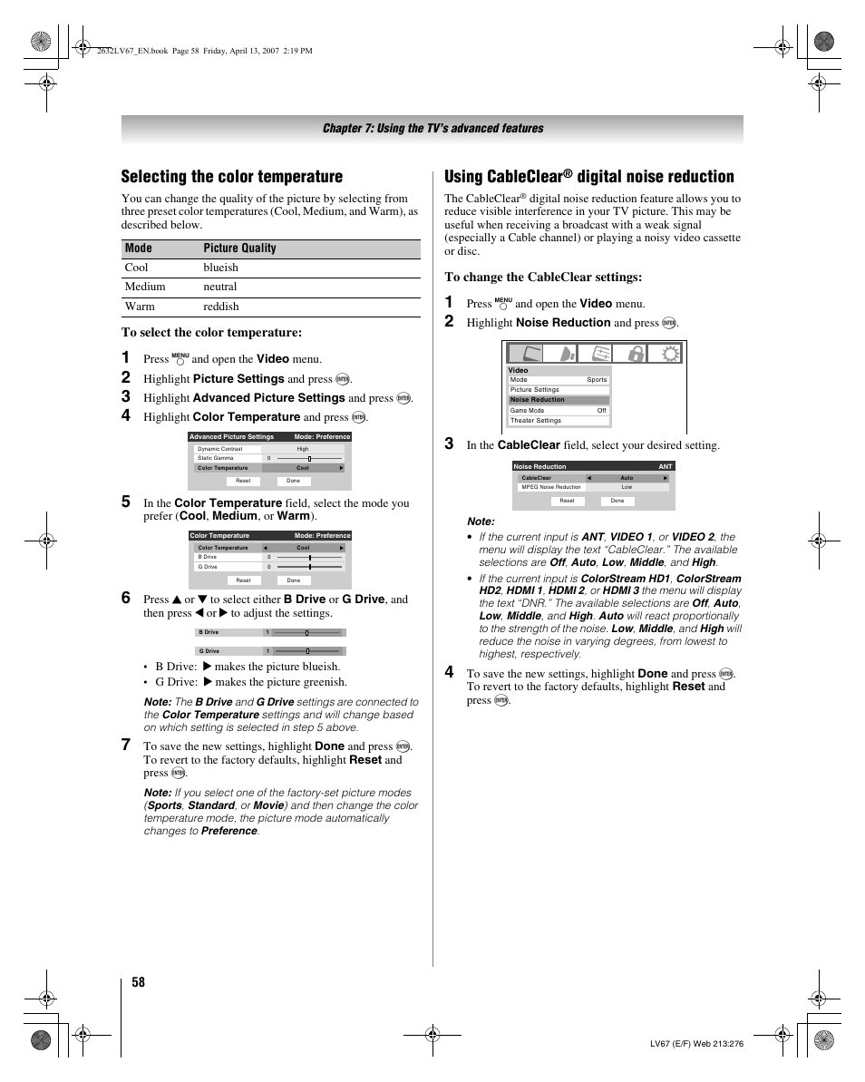 Selecting the color temperature, Using cableclear, Digital noise reduction | Toshiba 26LV67 User Manual | Page 58 / 78