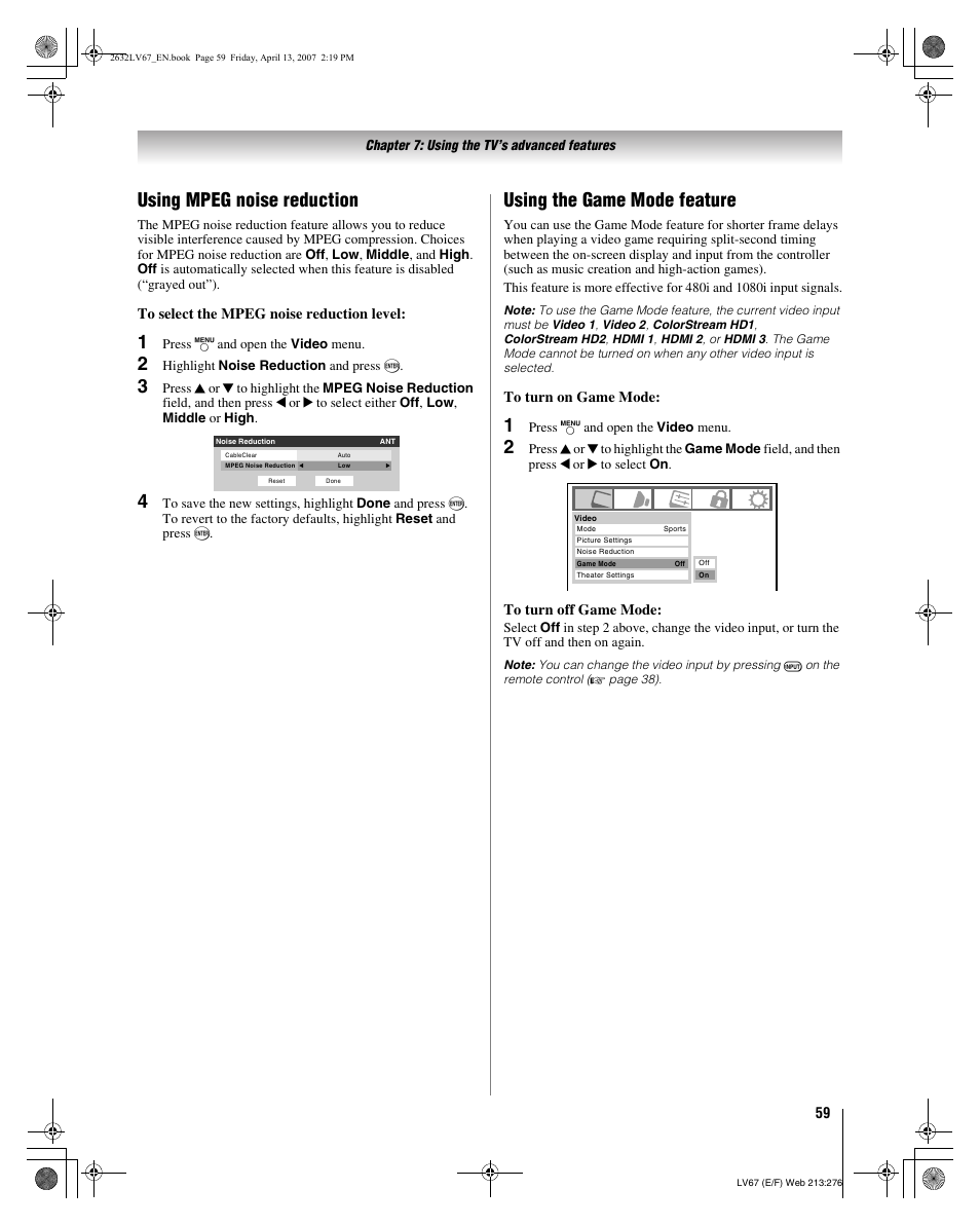Using mpeg noise reduction, Using the game mode feature | Toshiba 26LV67 User Manual | Page 59 / 78