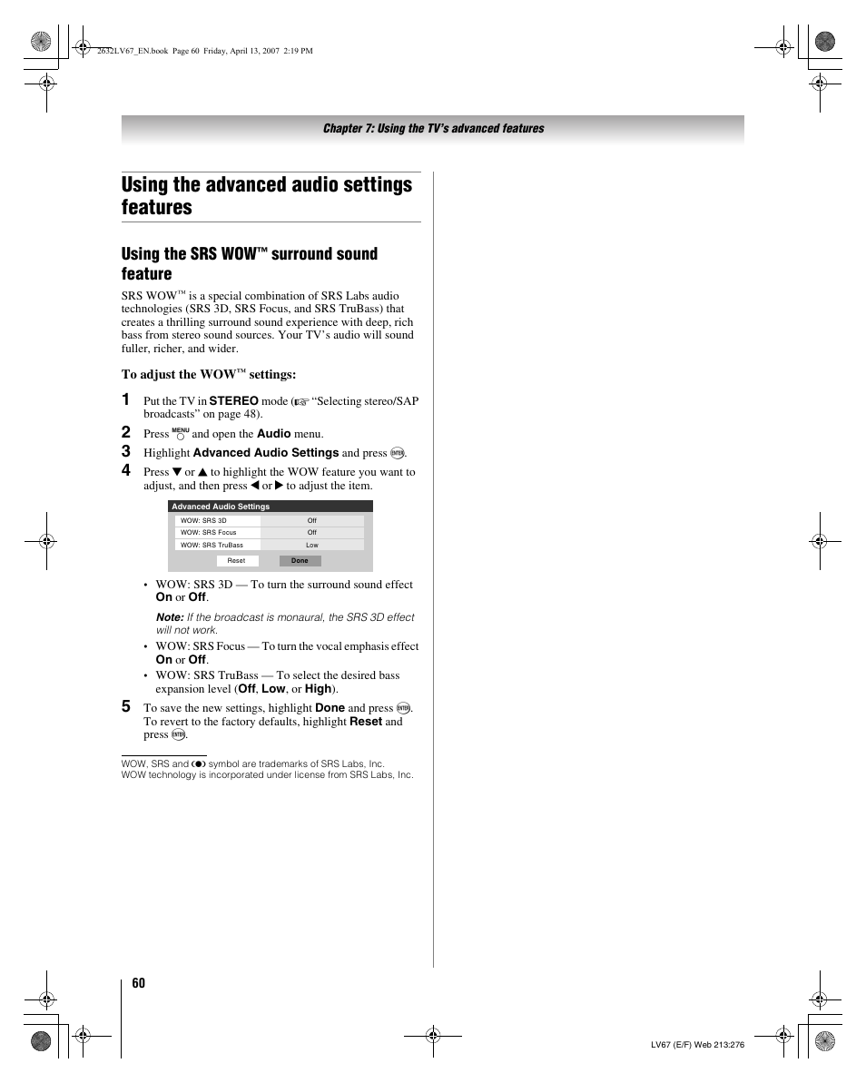 Using the advanced audio settings features, Using the srs wow, Surround sound feature | Toshiba 26LV67 User Manual | Page 60 / 78