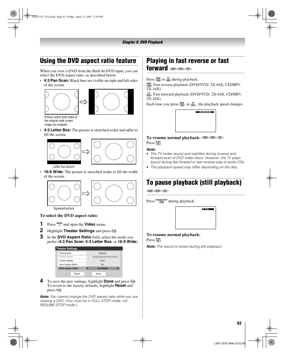 Using the dvd aspect ratio feature, Playing in fast reverse or fast forward | Toshiba 26LV67 User Manual | Page 63 / 78