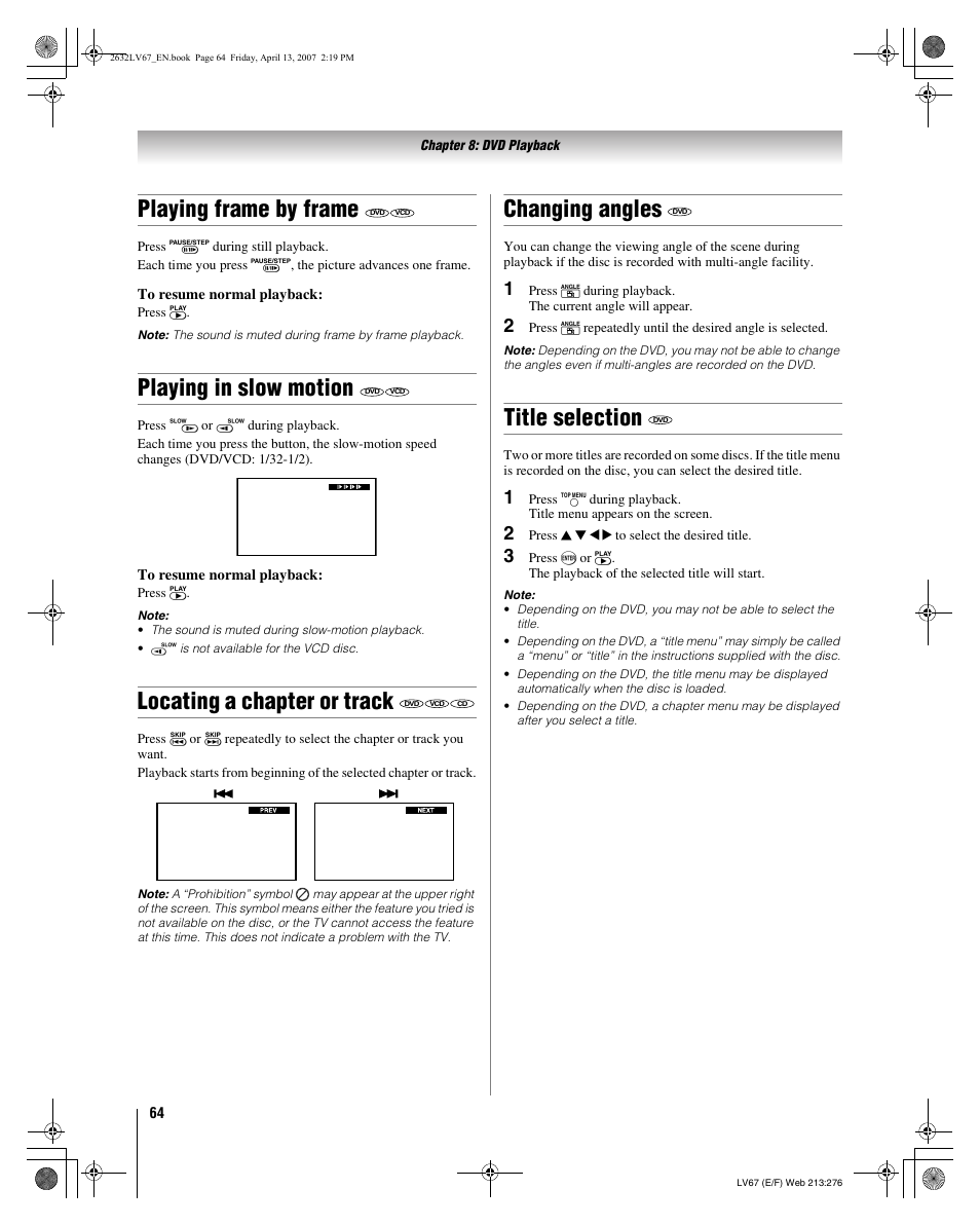 Playing frame by frame, Playing in slow motion, Locating a chapter or track | Changing angles, Title selection | Toshiba 26LV67 User Manual | Page 64 / 78