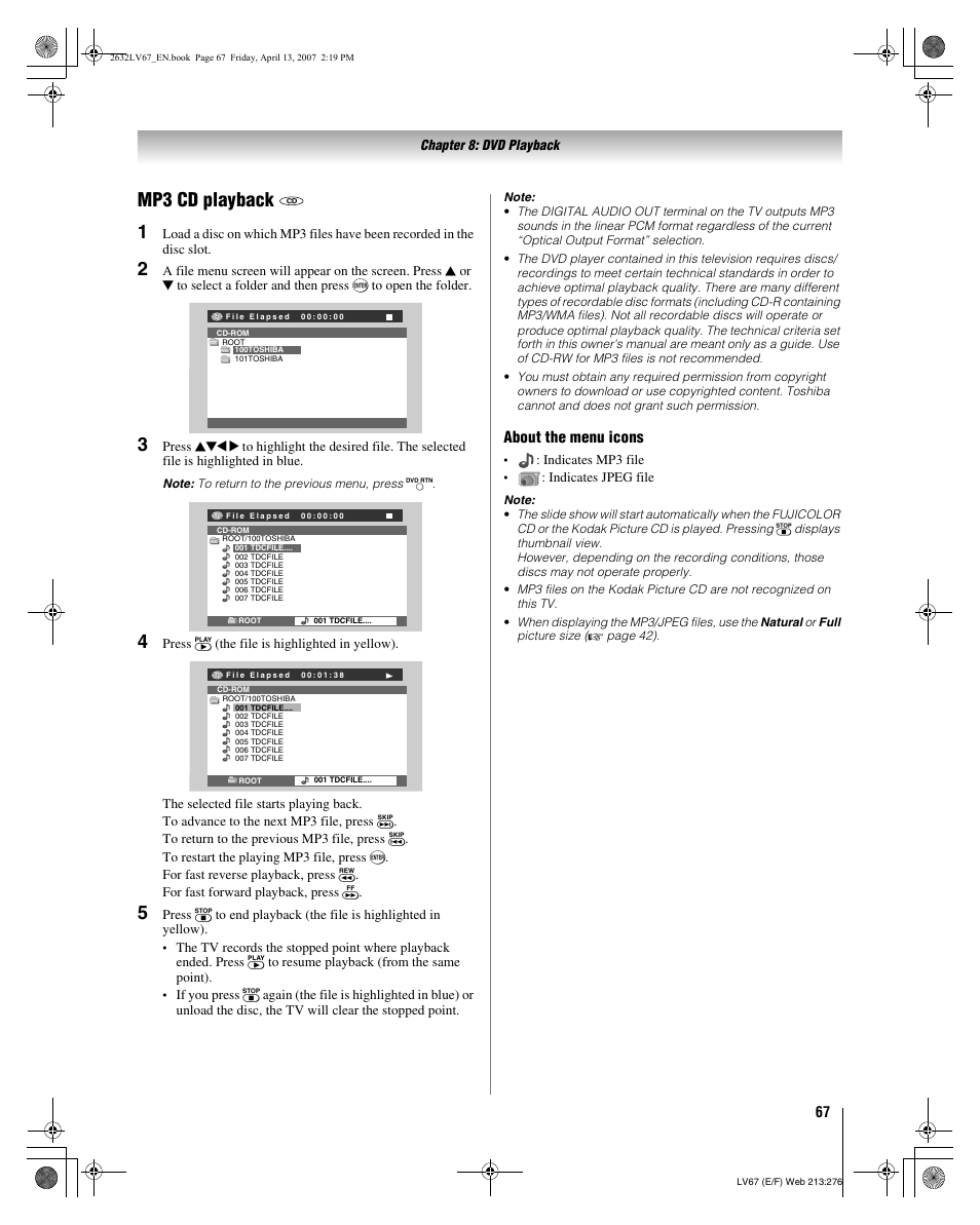 Mp3 cd playback 1, About the menu icons | Toshiba 26LV67 User Manual | Page 67 / 78