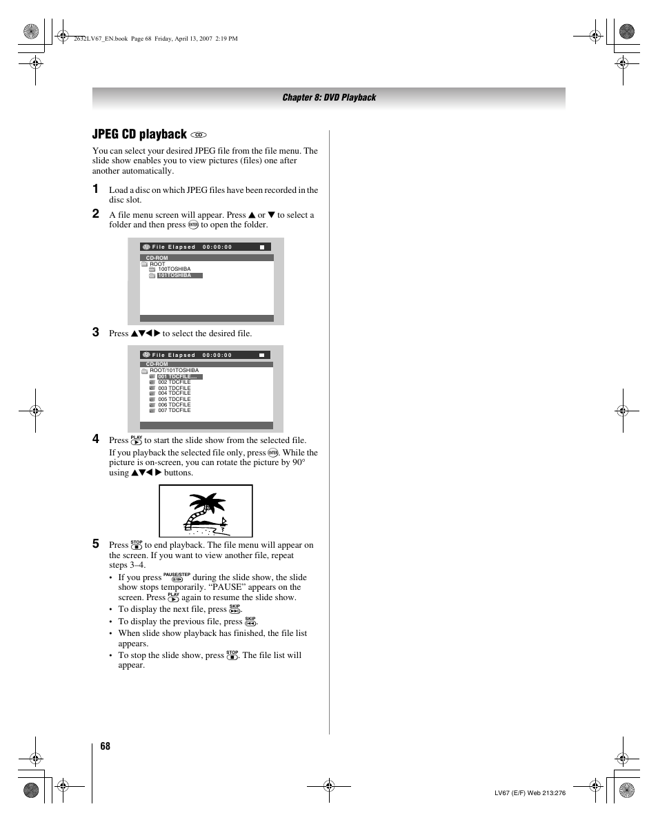 Jpeg cd playback | Toshiba 26LV67 User Manual | Page 68 / 78