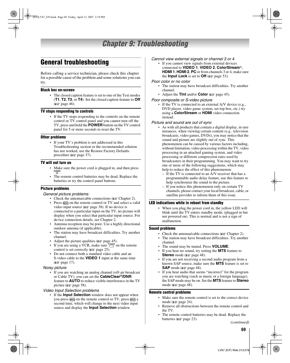 Chapter 9: troubleshooting, General troubleshooting | Toshiba 26LV67 User Manual | Page 69 / 78