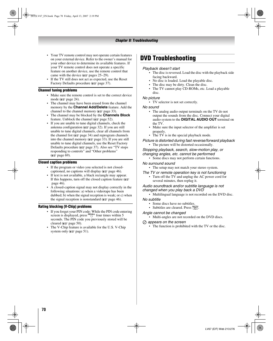 Dvd troubleshooting | Toshiba 26LV67 User Manual | Page 70 / 78