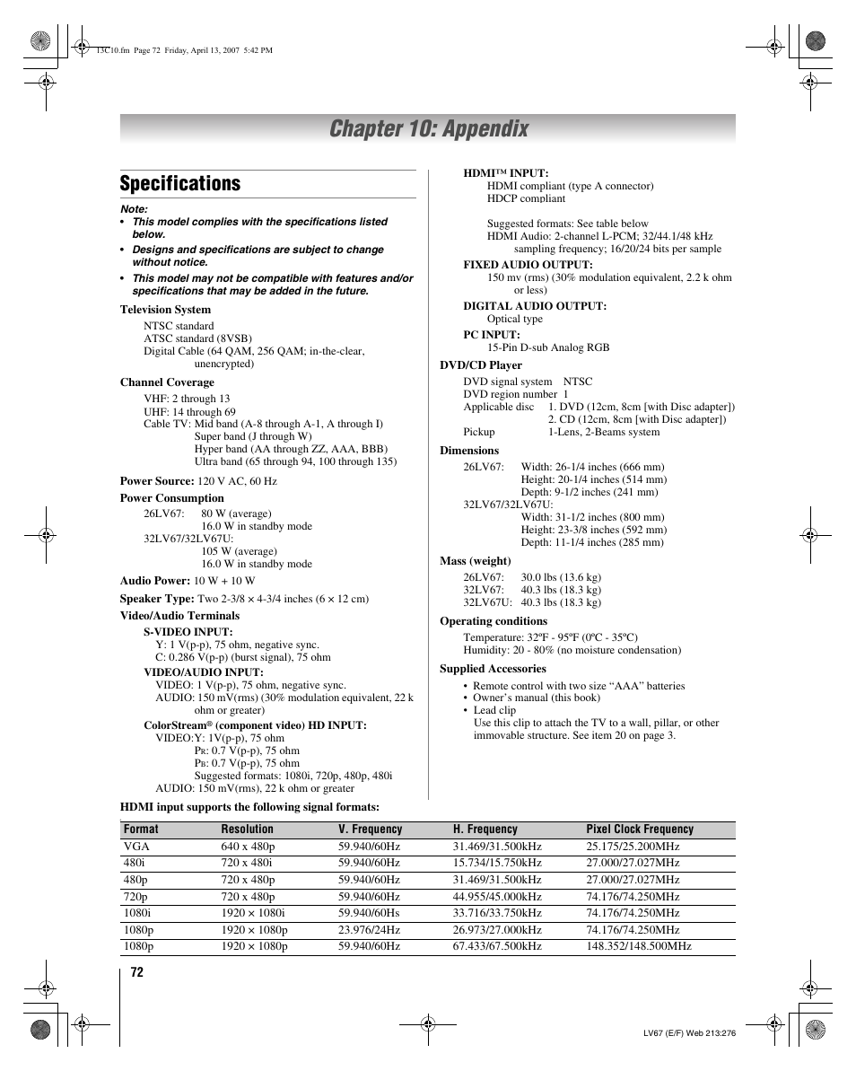 Chapter 10: appendix, Specifications | Toshiba 26LV67 User Manual | Page 72 / 78