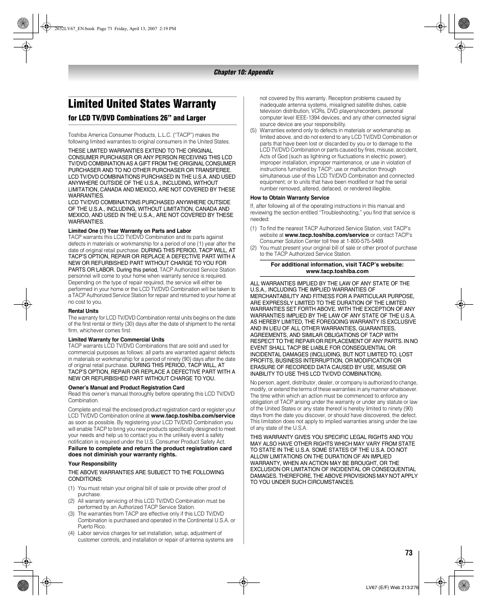 Limited united states warranty | Toshiba 26LV67 User Manual | Page 73 / 78