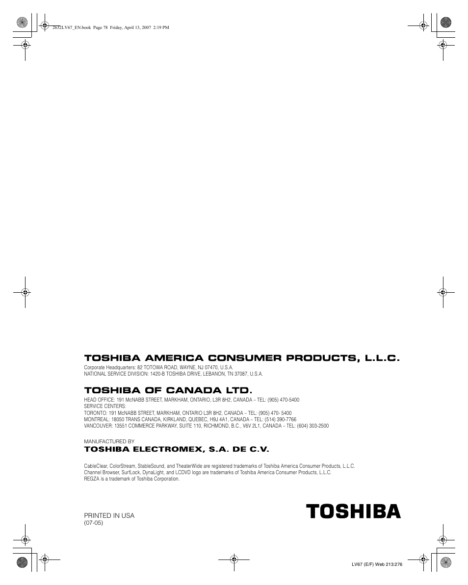 Toshiba 26LV67 User Manual | Page 78 / 78