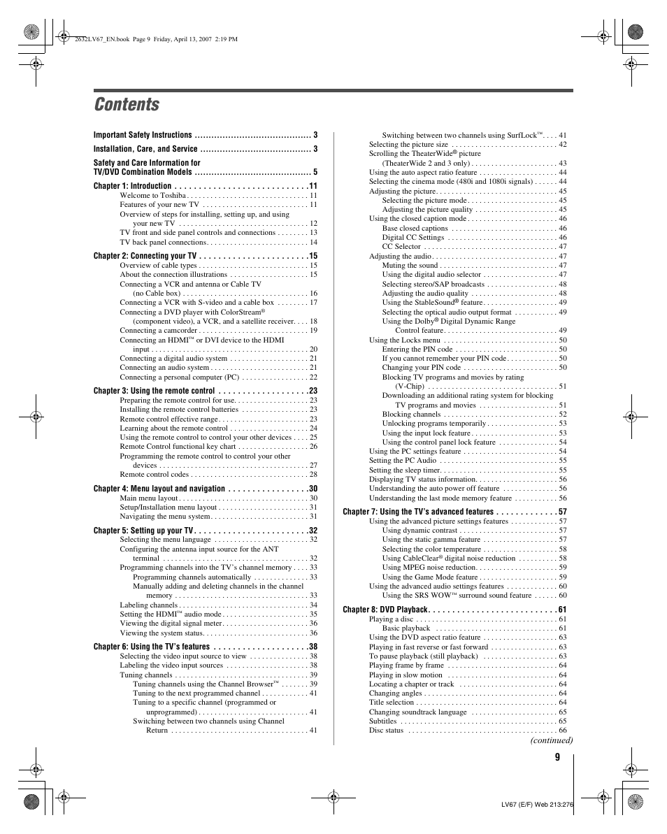 Toshiba 26LV67 User Manual | Page 9 / 78