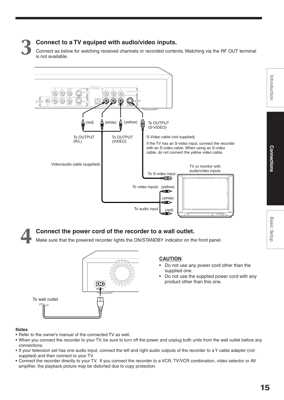 Connect to a tv equiped with audio/video inputs, Connections basic setup intr oduction, Caution | Toshiba D-R2SU User Manual | Page 15 / 56