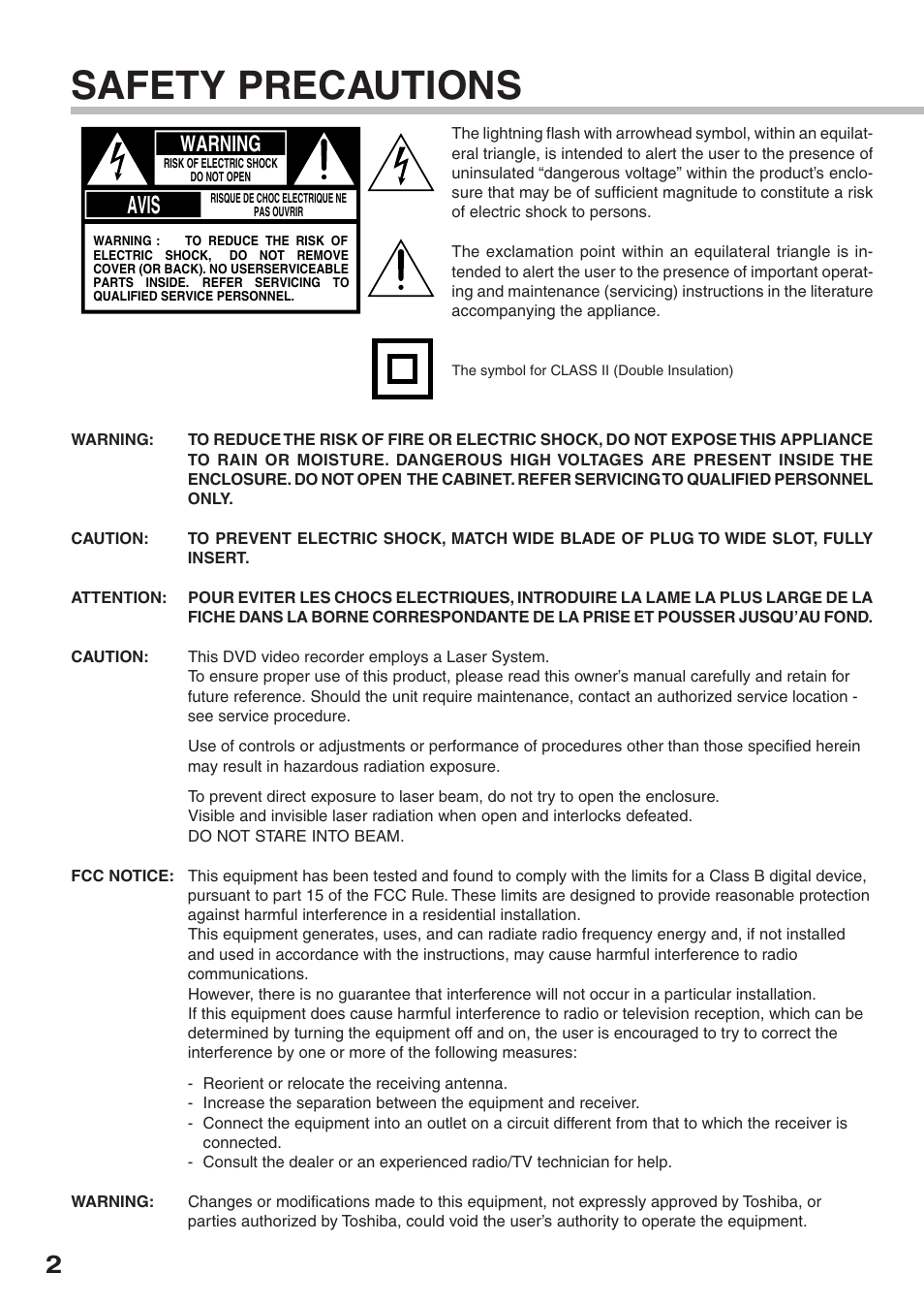 Safety precautions, Avis, Warning | Toshiba D-R2SU User Manual | Page 2 / 56