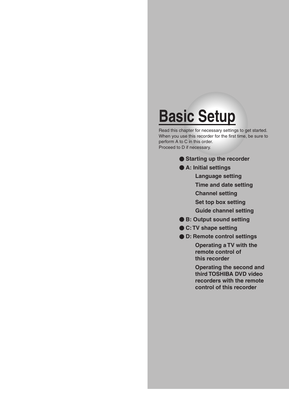 Basic setup | Toshiba D-R2SU User Manual | Page 25 / 56