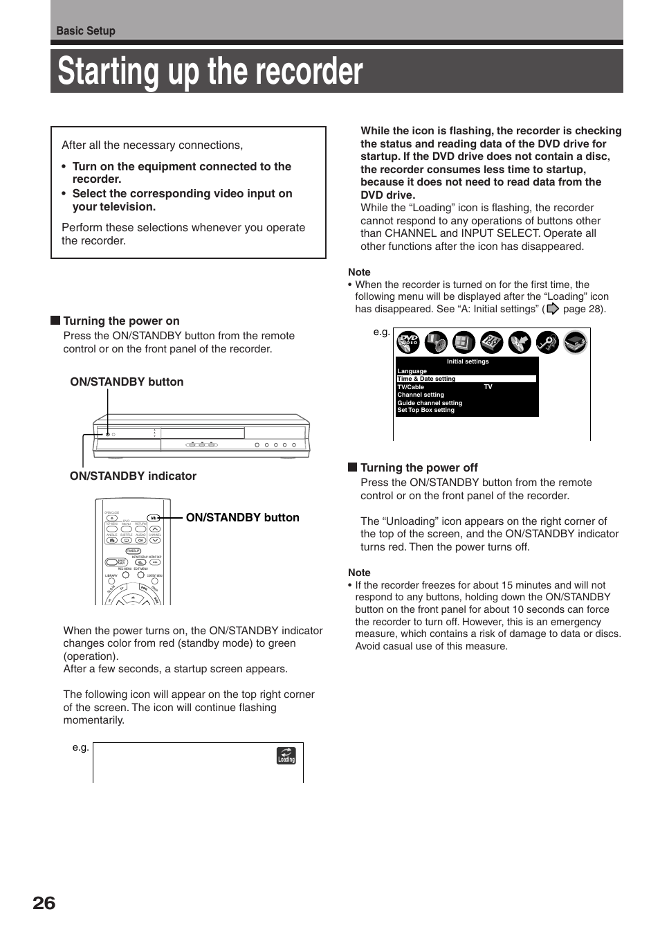 Starting up the recorder, Turning the power off, Basic setup | Toshiba D-R2SU User Manual | Page 26 / 56