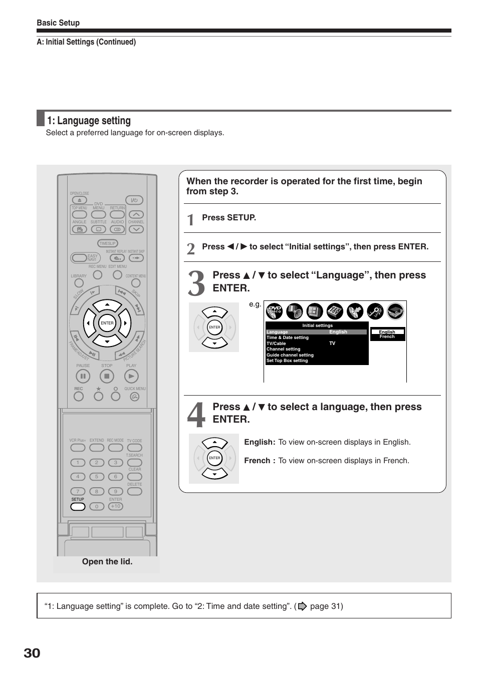 Language setting, Press / to select “language”, then press enter, Press / to select a language, then press enter | A: initial settings (continued) basic setup, Press setup, Open the lid | Toshiba D-R2SU User Manual | Page 30 / 56