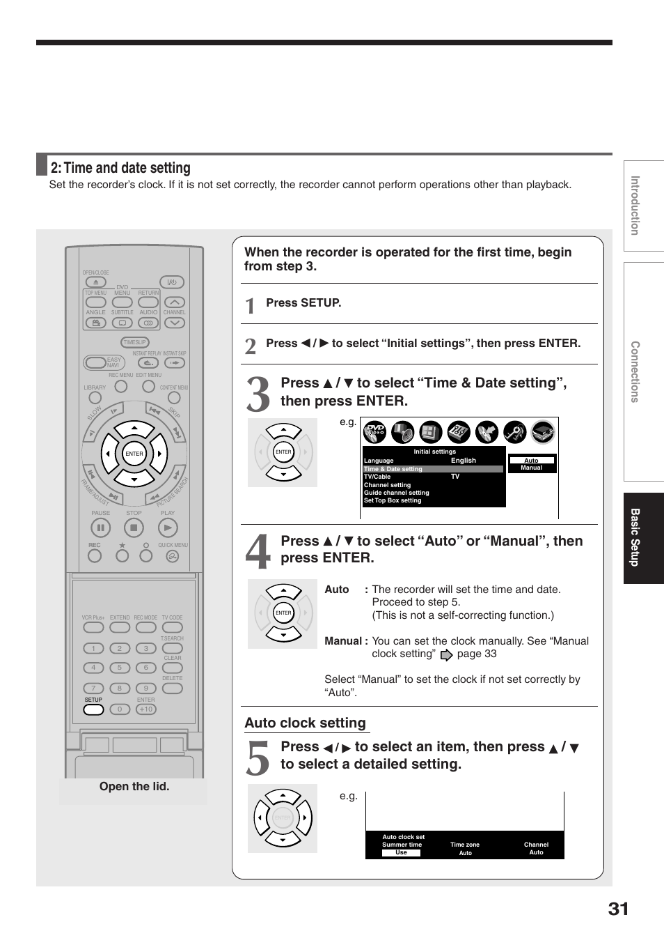 Time and date setting, Auto clock setting, Press | Intr oduction connections basic setup, Press setup, Open the lid | Toshiba D-R2SU User Manual | Page 31 / 56