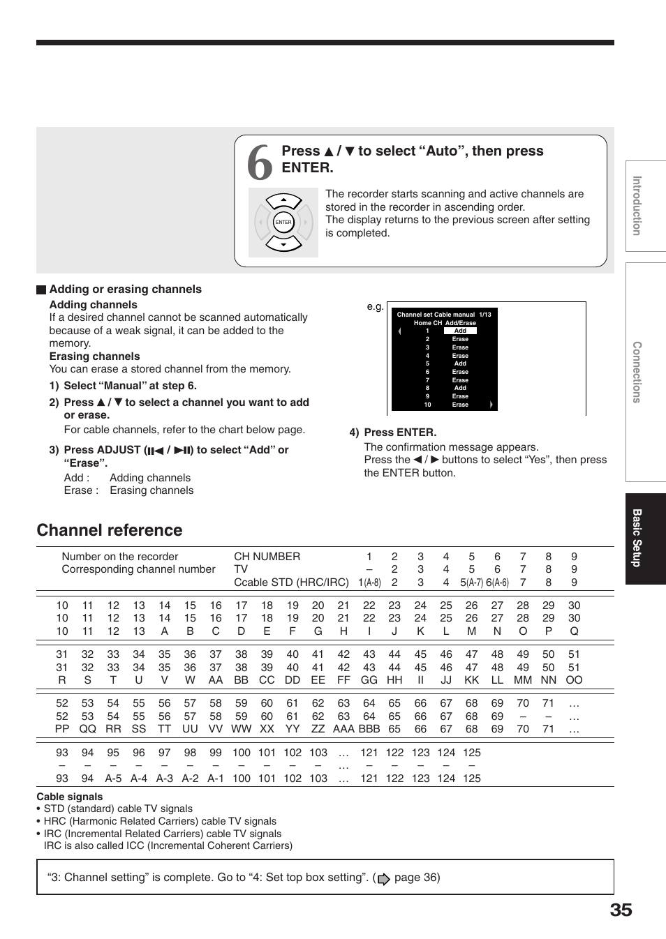 Channel reference, Press / to select “auto”, then press enter | Toshiba D-R2SU User Manual | Page 35 / 56