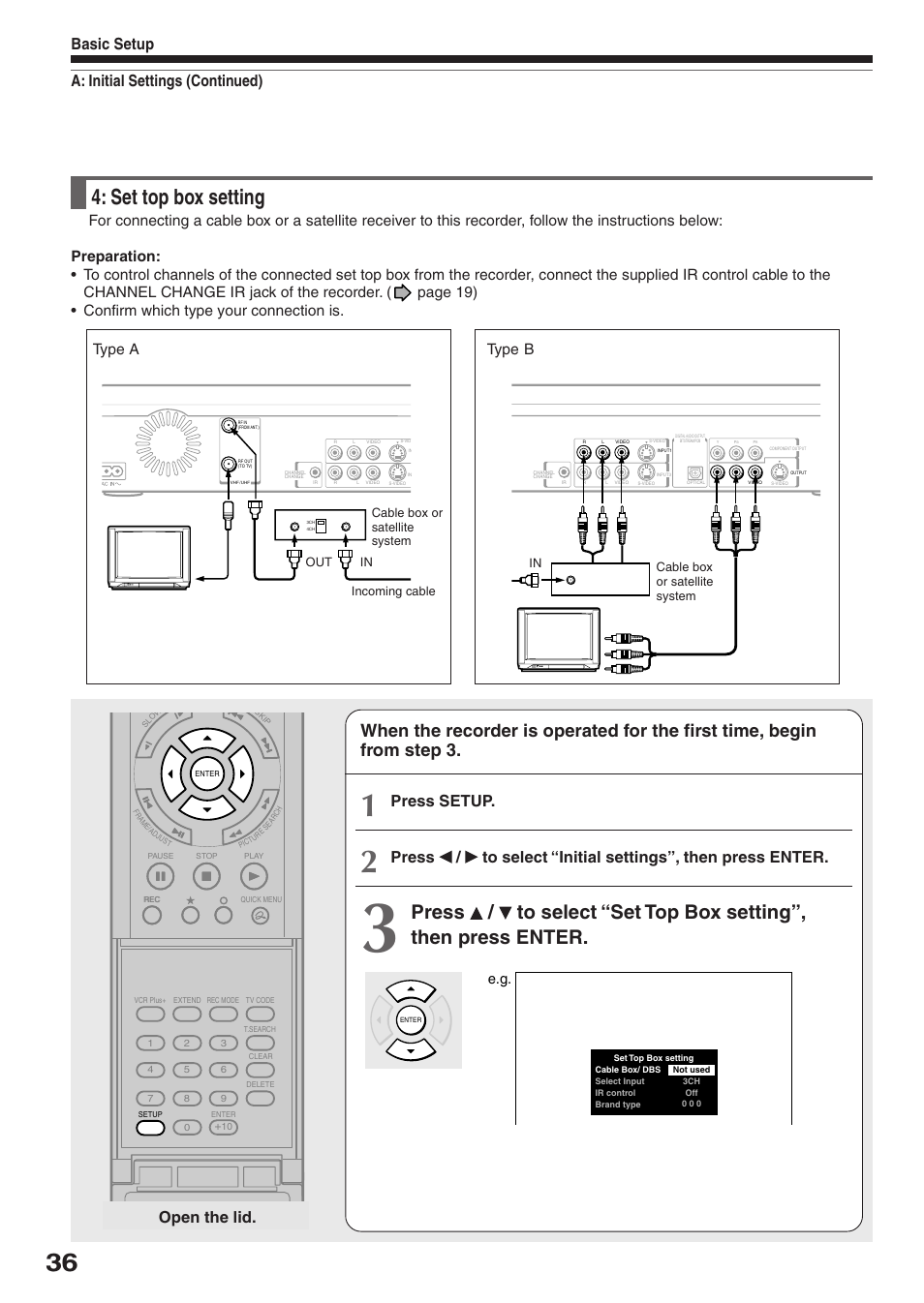 Set top box setting, A: initial settings (continued) basic setup, Press setup | Open the lid, Type b | Toshiba D-R2SU User Manual | Page 36 / 56