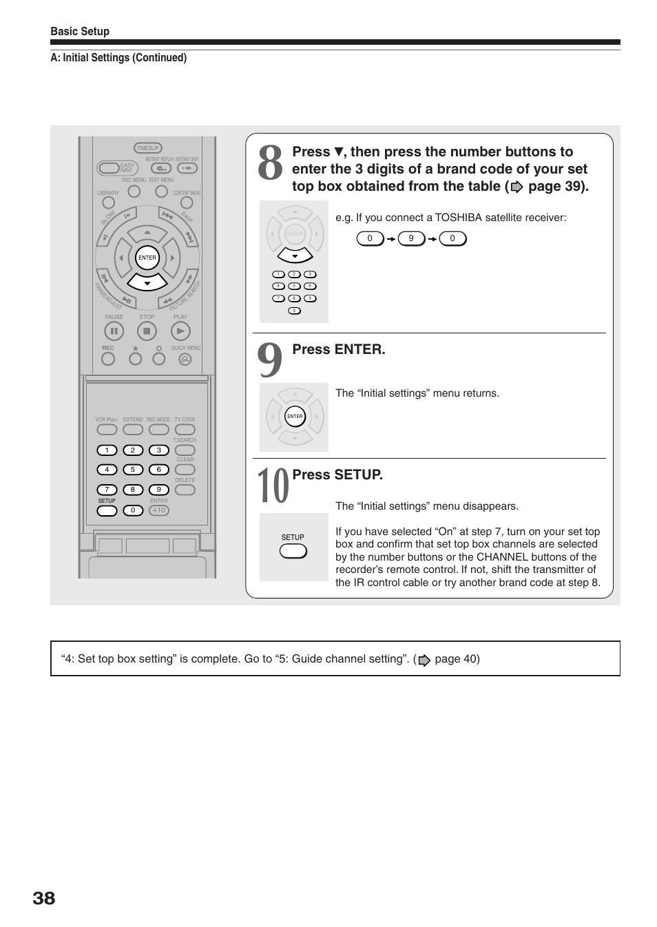 Press enter, Press setup, A: initial settings (continued) basic setup | Toshiba D-R2SU User Manual | Page 38 / 56