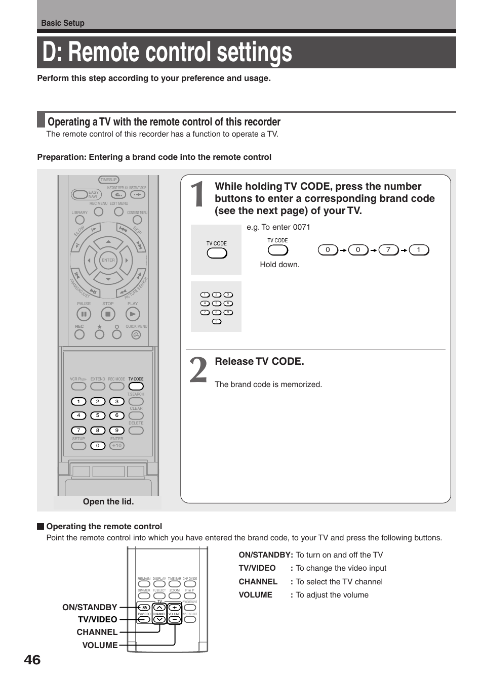 D: remote control settings, Release tv code, Basic setup | Operating the remote control, Open the lid, Tv/video on/standby channel volume | Toshiba D-R2SU User Manual | Page 46 / 56