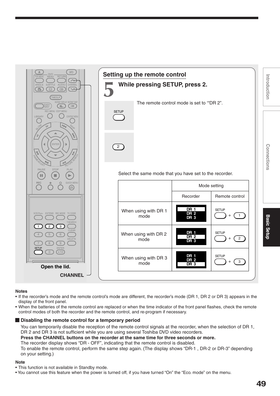 Setting up the remote control, While pressing setup, press 2, Intr oduction connections basic setup | Open the lid. channel | Toshiba D-R2SU User Manual | Page 49 / 56