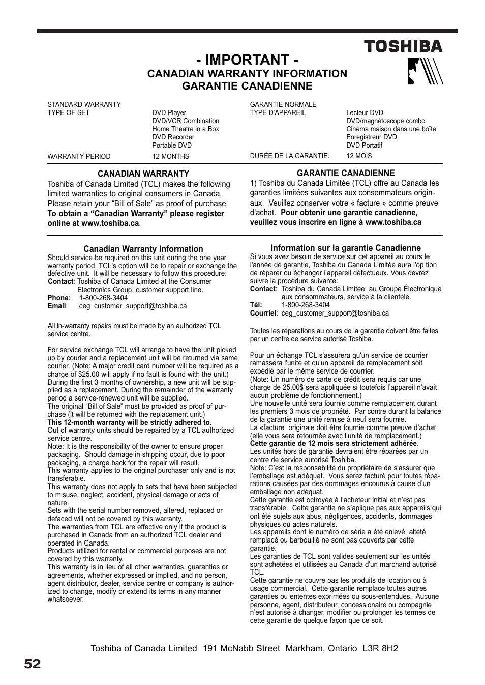 Important, Canadian warranty information garantie canadienne | Toshiba D-R2SU User Manual | Page 52 / 56