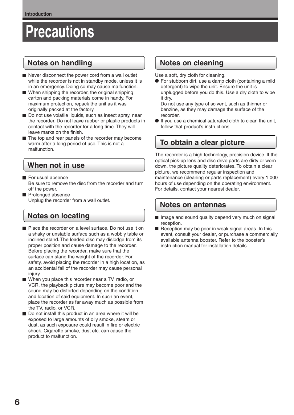 Precautions | Toshiba D-R2SU User Manual | Page 6 / 56