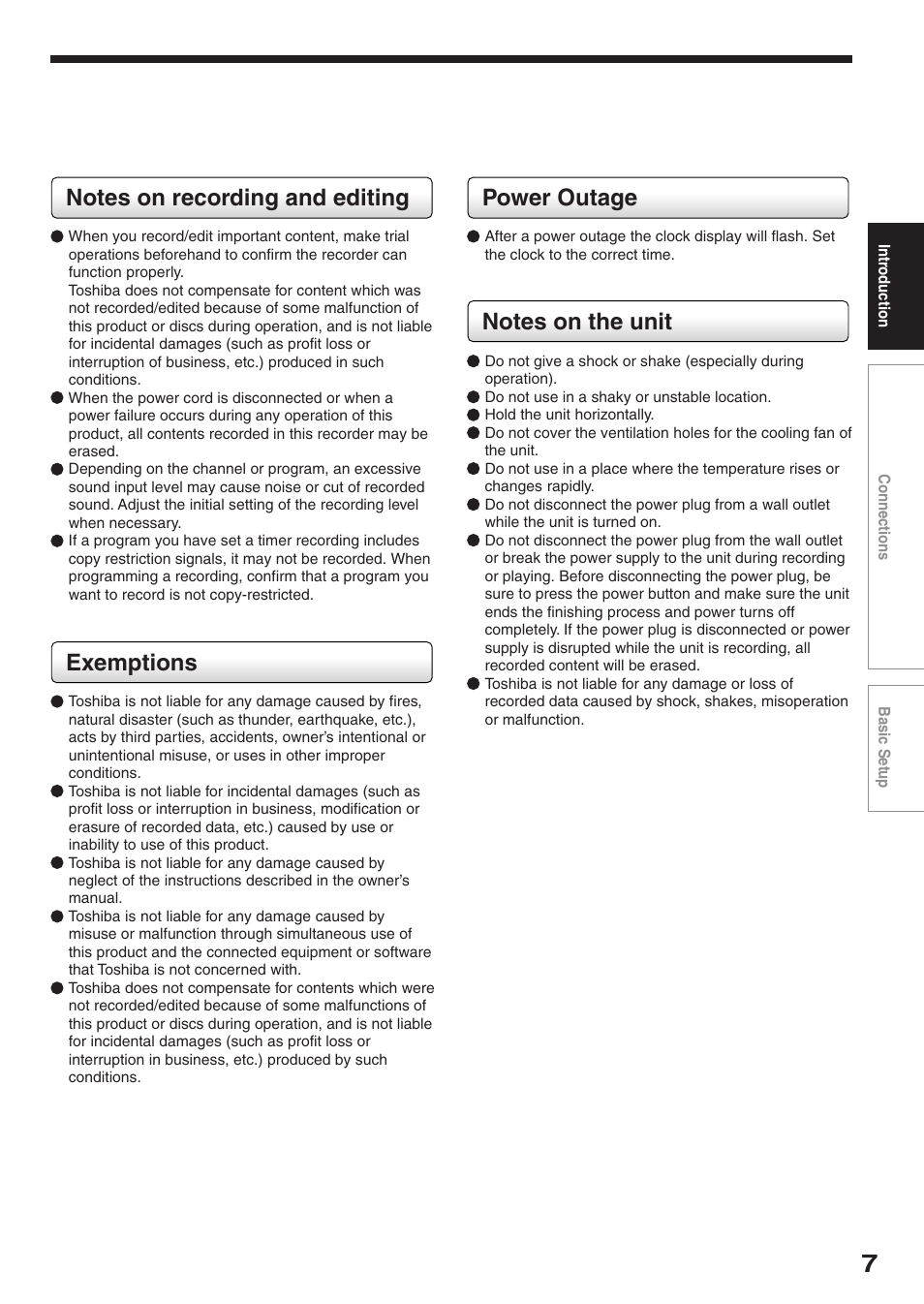 Exemptions, Power outage | Toshiba D-R2SU User Manual | Page 7 / 56