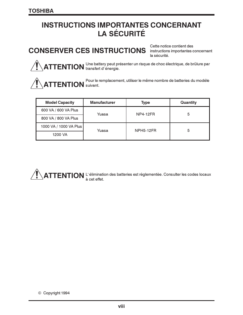 Instructions importantes concernant la sécurité, Conserver ces instructions attention attention, Attention | Toshiba 1500 SERIES User Manual | Page 10 / 32