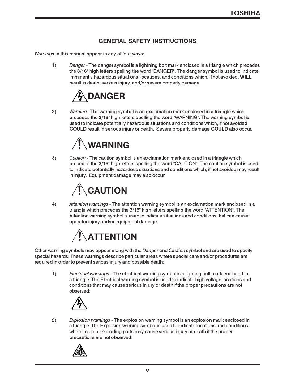 Danger warning caution attention, Toshiba | Toshiba 1500 SERIES User Manual | Page 7 / 32