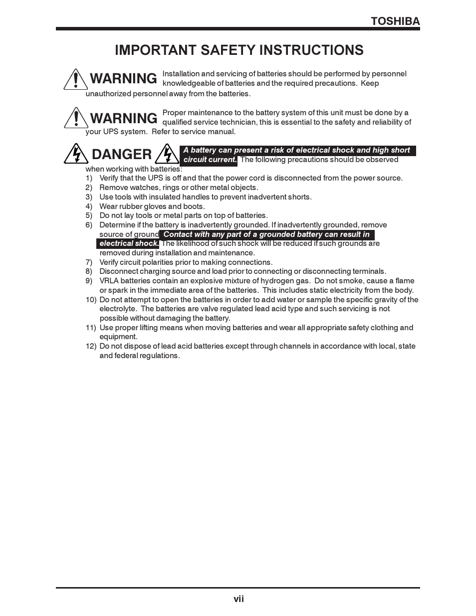 Important safety instructions, Danger warning, Warning | Toshiba | Toshiba 1500 SERIES User Manual | Page 9 / 32