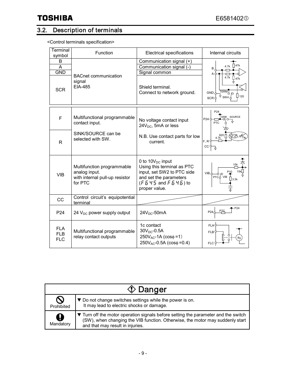 Danger, Description of terminals | Toshiba BCN002Z User Manual | Page 10 / 16
