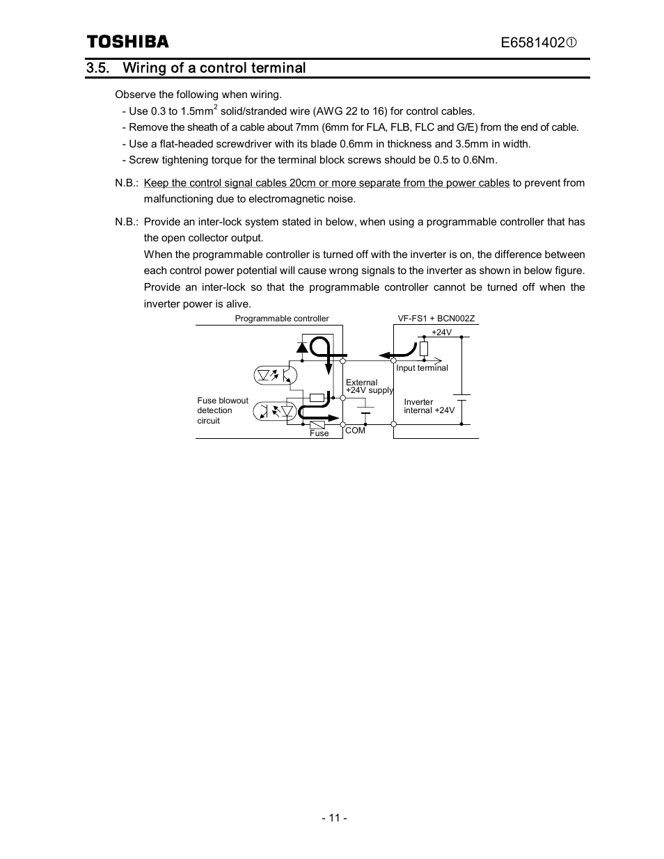 Wiring of a control terminal | Toshiba BCN002Z User Manual | Page 12 / 16