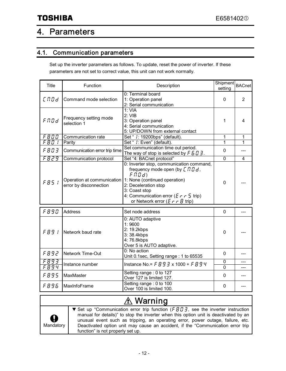 Parameters, Warning, Communication parameters | Toshiba BCN002Z User Manual | Page 13 / 16